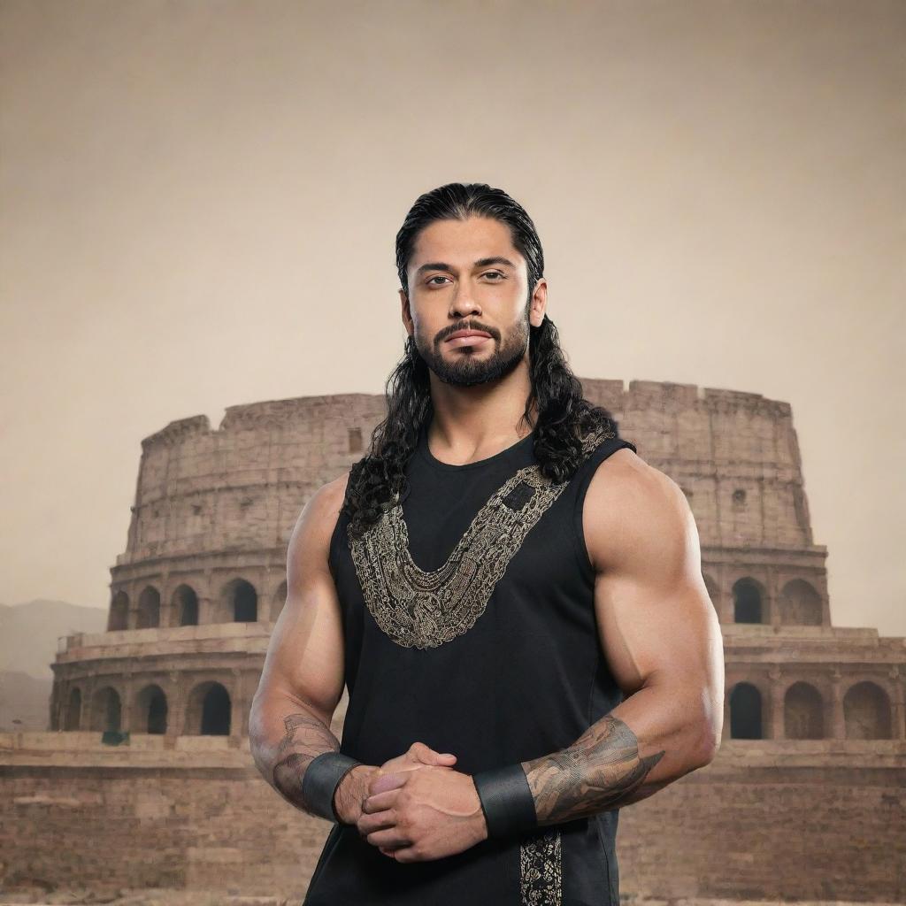 A stylized poster of Roman Reigns, a popular professional wrestler, in the traditional clothes of Pakistan against the backdrop of famous Pakistani landmarks.