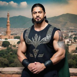 A stylized poster of Roman Reigns, a popular professional wrestler, in the traditional clothes of Pakistan against the backdrop of famous Pakistani landmarks.