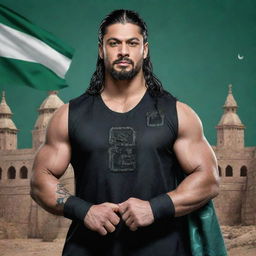 A stylized poster of Roman Reigns, a popular professional wrestler, in the traditional clothes of Pakistan against the backdrop of famous Pakistani landmarks.