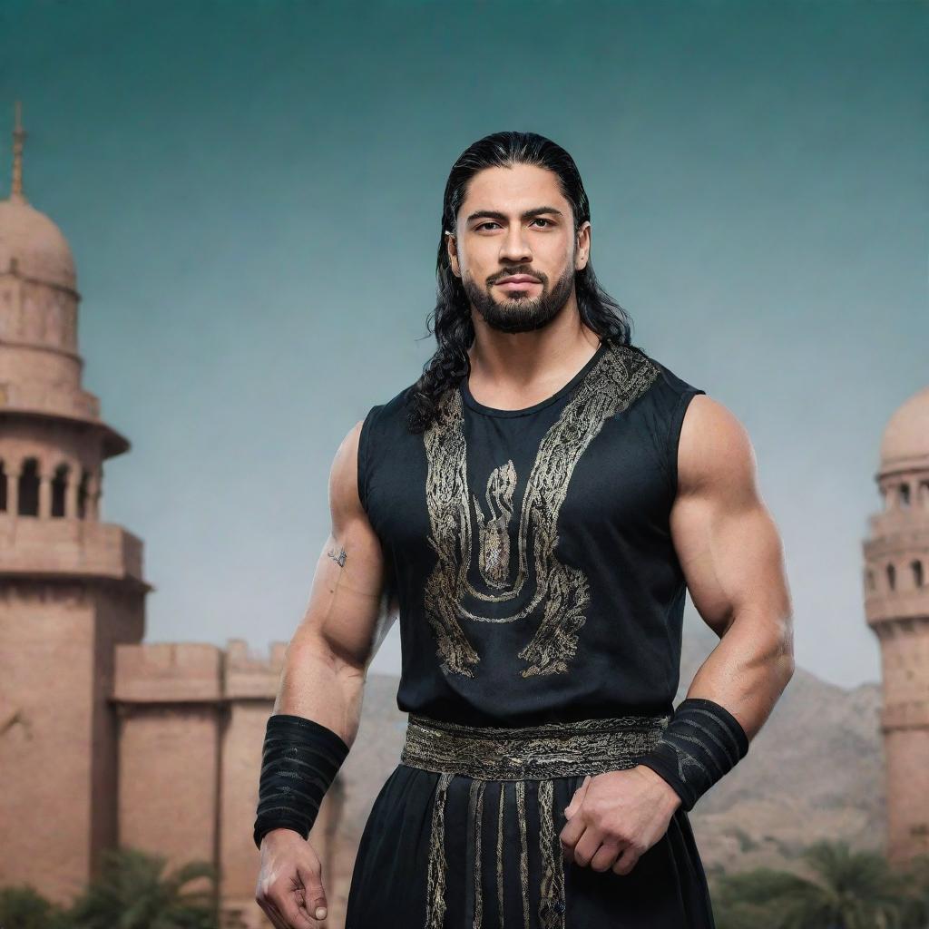 A stylized poster of Roman Reigns, a popular professional wrestler, in the traditional clothes of Pakistan against the backdrop of famous Pakistani landmarks.