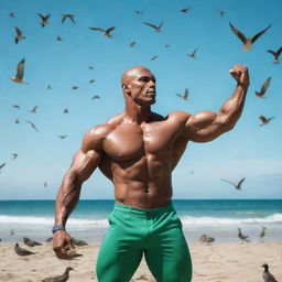 A crystal bodybuilder flexing in a vibrant green beach setting, surrounded by a multitude of birds soaring in the sky.