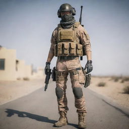 A detailed PUBG themed suit with military prints, tactical pouches, bulletproof vest, and steel boot with a desert camouflage color scheme.