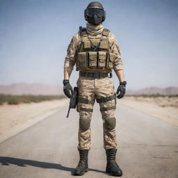 A detailed PUBG themed suit with military prints, tactical pouches, bulletproof vest, and steel boot with a desert camouflage color scheme.