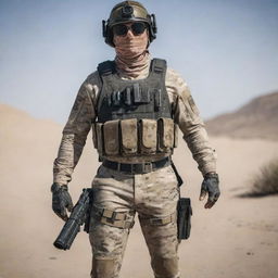 A detailed PUBG themed suit with military prints, tactical pouches, bulletproof vest, and steel boot with a desert camouflage color scheme.