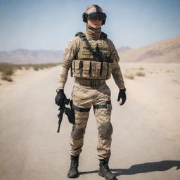 A detailed PUBG themed suit with military prints, tactical pouches, bulletproof vest, and steel boot with a desert camouflage color scheme.