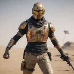 A character wearing a PUBG Pharaoh suit, standing in a dynamic pose inside a battlefield, with weapon in hand. Extreme detail to the golden armor, accessories, and his intense expression.