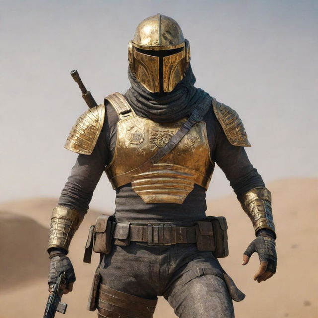 A character wearing a PUBG Pharaoh suit, standing in a dynamic pose inside a battlefield, with weapon in hand. Extreme detail to the golden armor, accessories, and his intense expression.