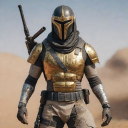 A character wearing a PUBG Pharaoh suit, standing in a dynamic pose inside a battlefield, with weapon in hand. Extreme detail to the golden armor, accessories, and his intense expression.