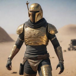 A character wearing a PUBG Pharaoh suit, standing in a dynamic pose inside a battlefield, with weapon in hand. Extreme detail to the golden armor, accessories, and his intense expression.