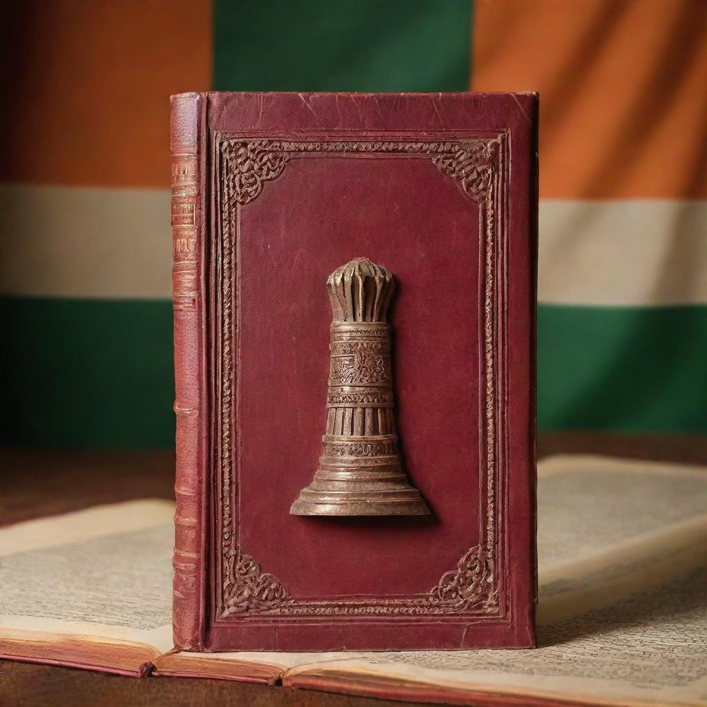 A vivid depiction of the Constitution of India, with a firm, antique book beautifully embossed with the Ashoka Pillar emblem, against a tricolor background.