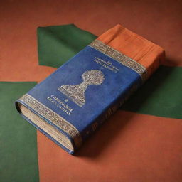 A vivid depiction of the Constitution of India, with a firm, antique book beautifully embossed with the Ashoka Pillar emblem, against a tricolor background.