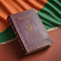 A vivid depiction of the Constitution of India, with a firm, antique book beautifully embossed with the Ashoka Pillar emblem, against a tricolor background.