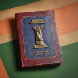 A vivid depiction of the Constitution of India, with a firm, antique book beautifully embossed with the Ashoka Pillar emblem, against a tricolor background.