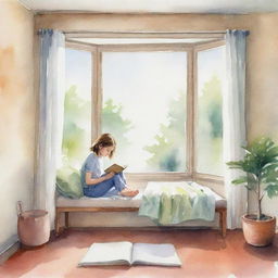 Watercolor illustration of a comfortable nook in a room with a young girl engrossed in a book