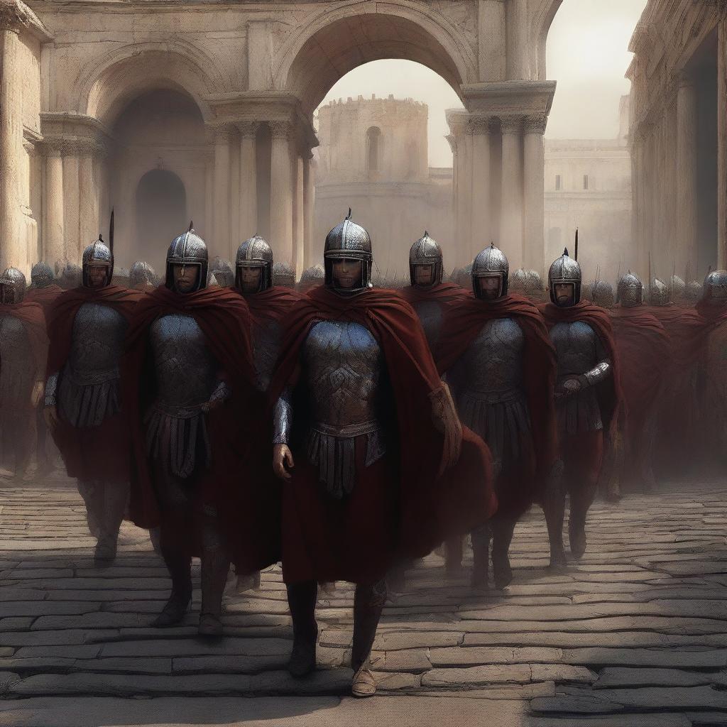 A poignant digital art piece portraying the Roman soldiers as they carry the body of their fallen emperor back to the city