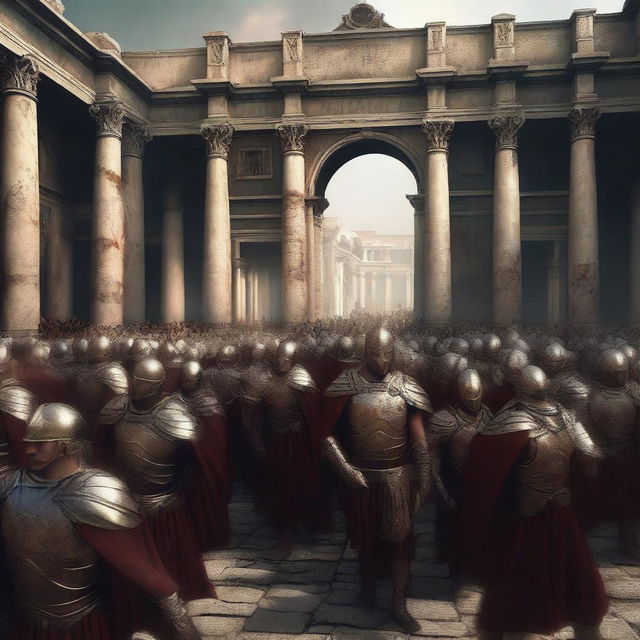 A poignant digital art piece portraying the Roman soldiers as they carry the body of their fallen emperor back to the city