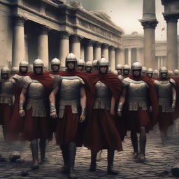 A poignant digital art piece portraying the Roman soldiers as they carry the body of their fallen emperor back to the city