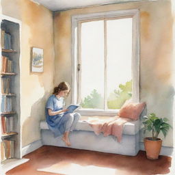 Watercolor illustration of a comfortable nook in a room with a young girl engrossed in a book