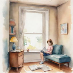 Watercolor illustration of a comfortable nook in a room with a young girl engrossed in a book