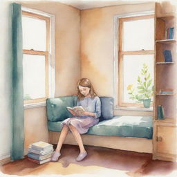 Watercolor illustration of a comfortable nook in a room with a young girl engrossed in a book