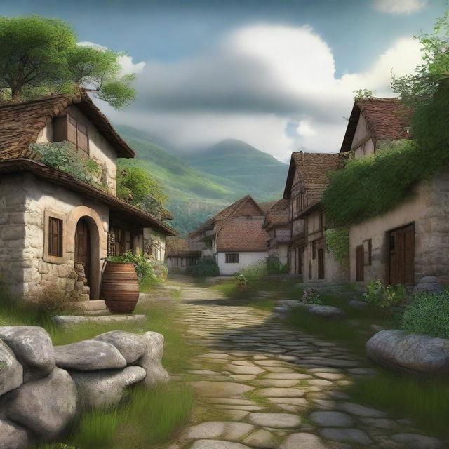 A high-quality digital art image showcasing an ancient village scene