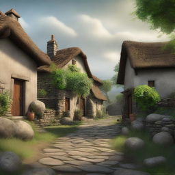 A high-quality digital art image showcasing an ancient village scene