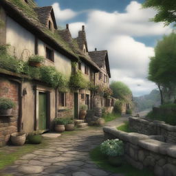 A high-quality digital art image showcasing an ancient village scene