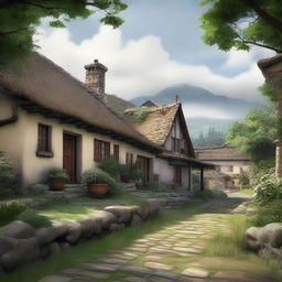 A high-quality digital art image showcasing an ancient village scene