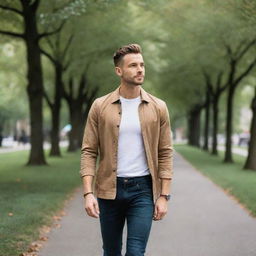 A stylish gay man in casual wear confidently walking in a bustling city park