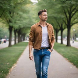 A stylish gay man in casual wear confidently walking in a bustling city park