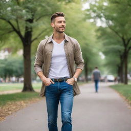 A stylish gay man in casual wear confidently walking in a bustling city park