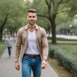 A stylish gay man in casual wear confidently walking in a bustling city park