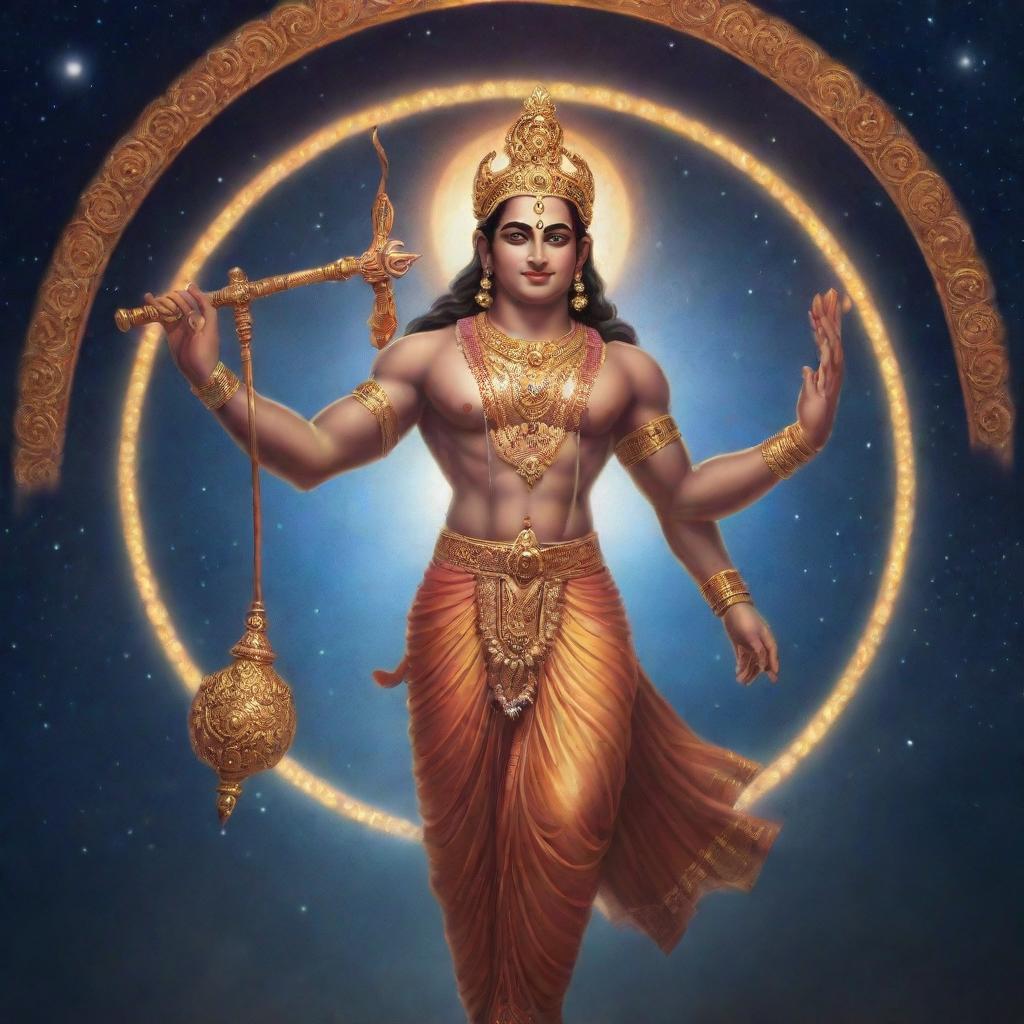 An ethereal depiction of the Hindu deity Lord Ram, glowing with divine energy, set against a celestial backdrop.