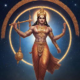 An ethereal depiction of the Hindu deity Lord Ram, glowing with divine energy, set against a celestial backdrop.