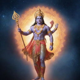 An ethereal depiction of the Hindu deity Lord Ram, glowing with divine energy, set against a celestial backdrop.