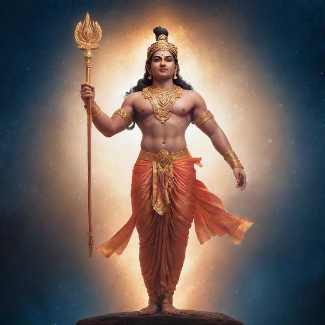 An ethereal depiction of the Hindu deity Lord Ram, glowing with divine energy, set against a celestial backdrop.