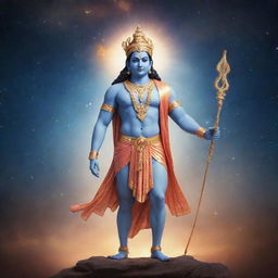 An ethereal depiction of the Hindu deity Lord Ram, glowing with divine energy, set against a celestial backdrop.