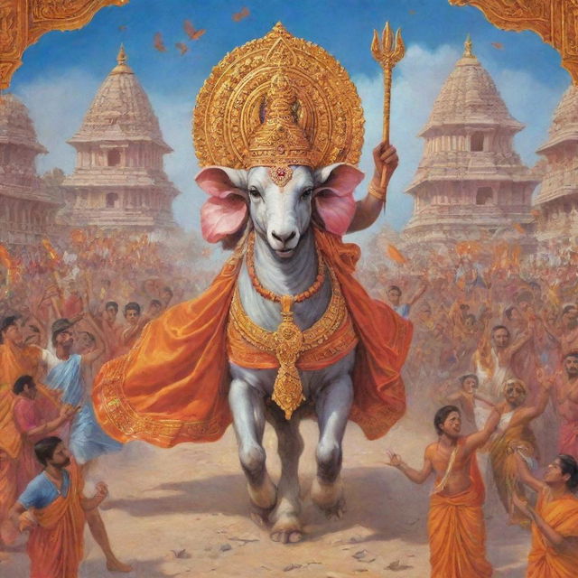 An illustrative scene of the Hindu God Ram returning to his hometown Ayodhya. Make sure to include celebratory elements, such as people rejoicing and traditional Indian decoration.