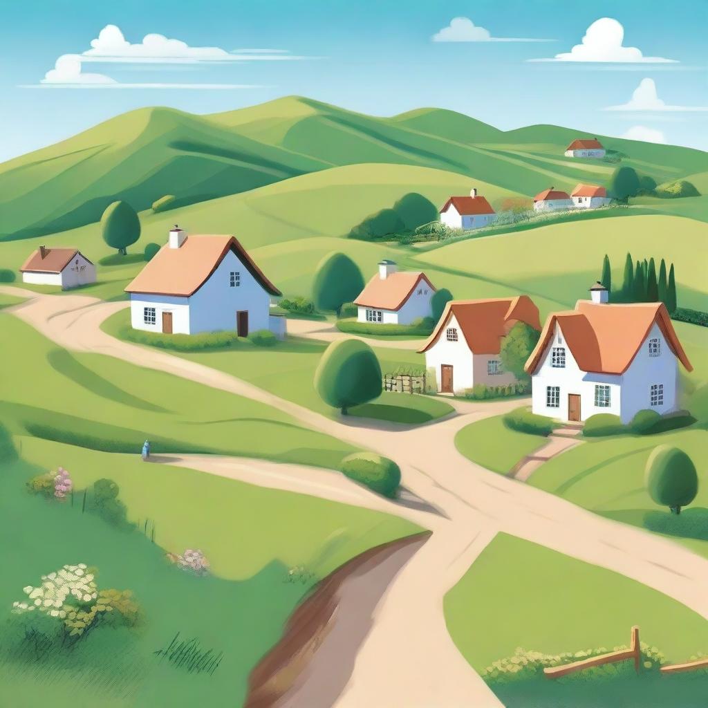 A high-quality digital art illustration of a small village scene