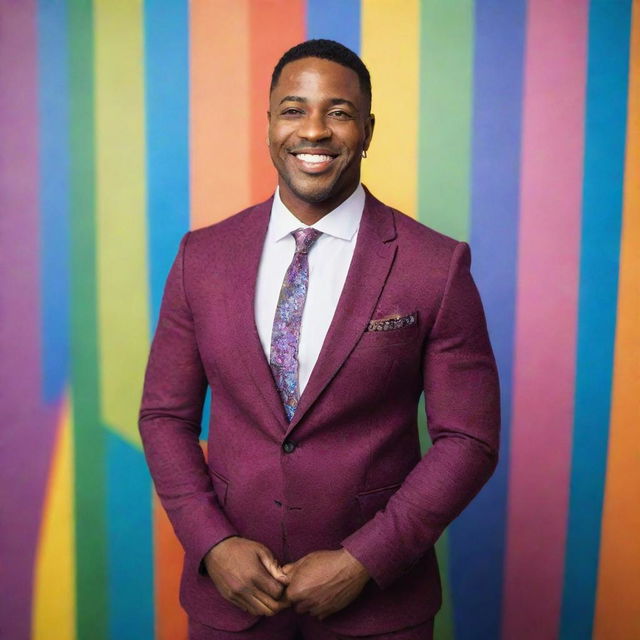 Portrait of a confident gay black man in elegant dress, smiling warmly while standing against a colorful and vibrant backdrop.