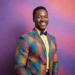 Portrait of a confident gay black man in elegant dress, smiling warmly while standing against a colorful and vibrant backdrop.