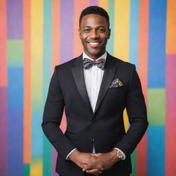 Portrait of a confident gay black man in elegant dress, smiling warmly while standing against a colorful and vibrant backdrop.