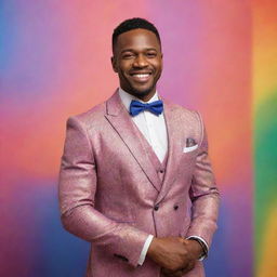 Portrait of a confident gay black man in elegant dress, smiling warmly while standing against a colorful and vibrant backdrop.