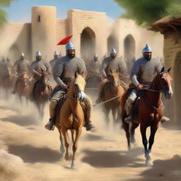 This high-quality digital painting now portrays an unexpected arrival of a Persian army in the previously peaceful village