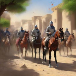 This high-quality digital painting now portrays an unexpected arrival of a Persian army in the previously peaceful village