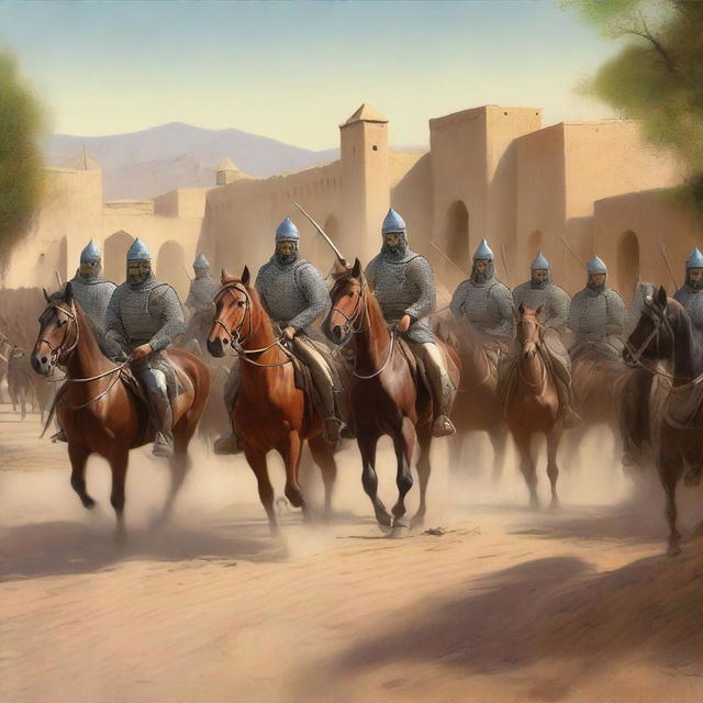 This high-quality digital painting now portrays an unexpected arrival of a Persian army in the previously peaceful village