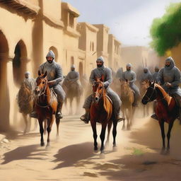 This high-quality digital painting now portrays an unexpected arrival of a Persian army in the previously peaceful village