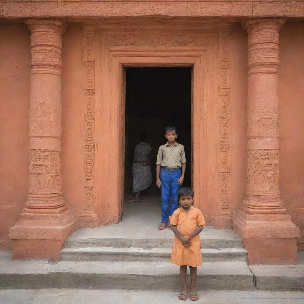 A boy named Pintu standing in front of the Ram Mandir