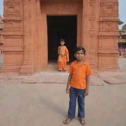 A boy named Pintu standing in front of the Ram Mandir