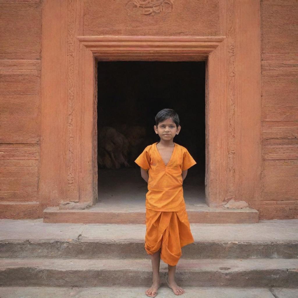 A boy named Pintu standing in front of the Ram Mandir